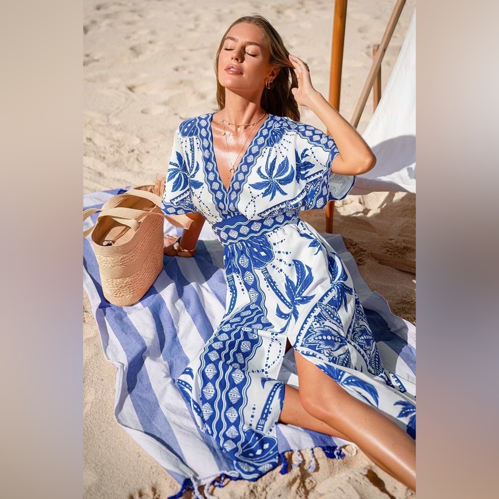 Cupshe Blue and White Floral V‑Neck Swim Coverup Maxi - Picture 3 of 10